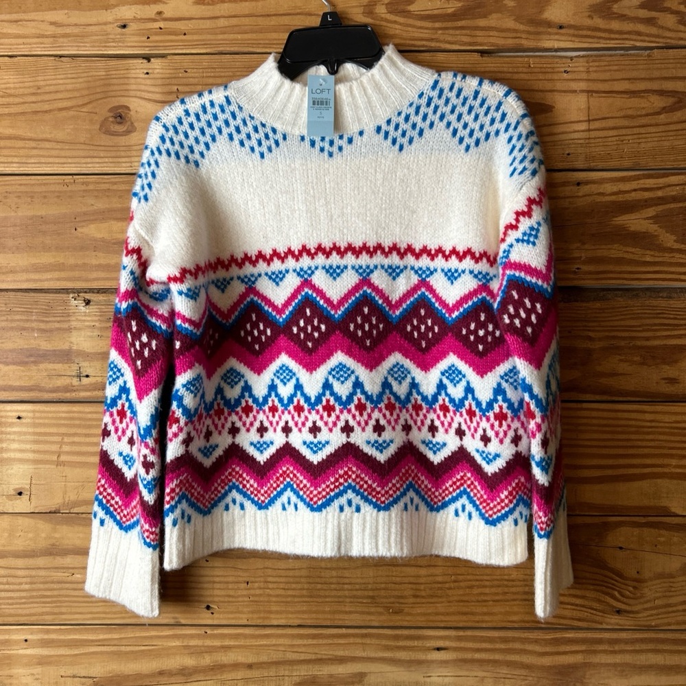 LOFT Cream and Blue Cowl Neck Sweater with Nordic Pattern